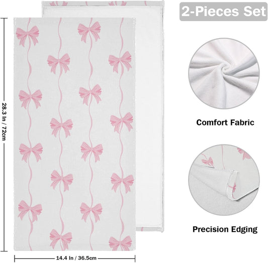 2 Pcs Cute Pink Bows Striped Hand Towels for Bathroom,Soft Absorbent Girly Romantic Ribbon Knot Bows on White Decorative Kitchen Towels Guest Bathroom Towels for Bath,Face,Shower,Gym 14"x28"