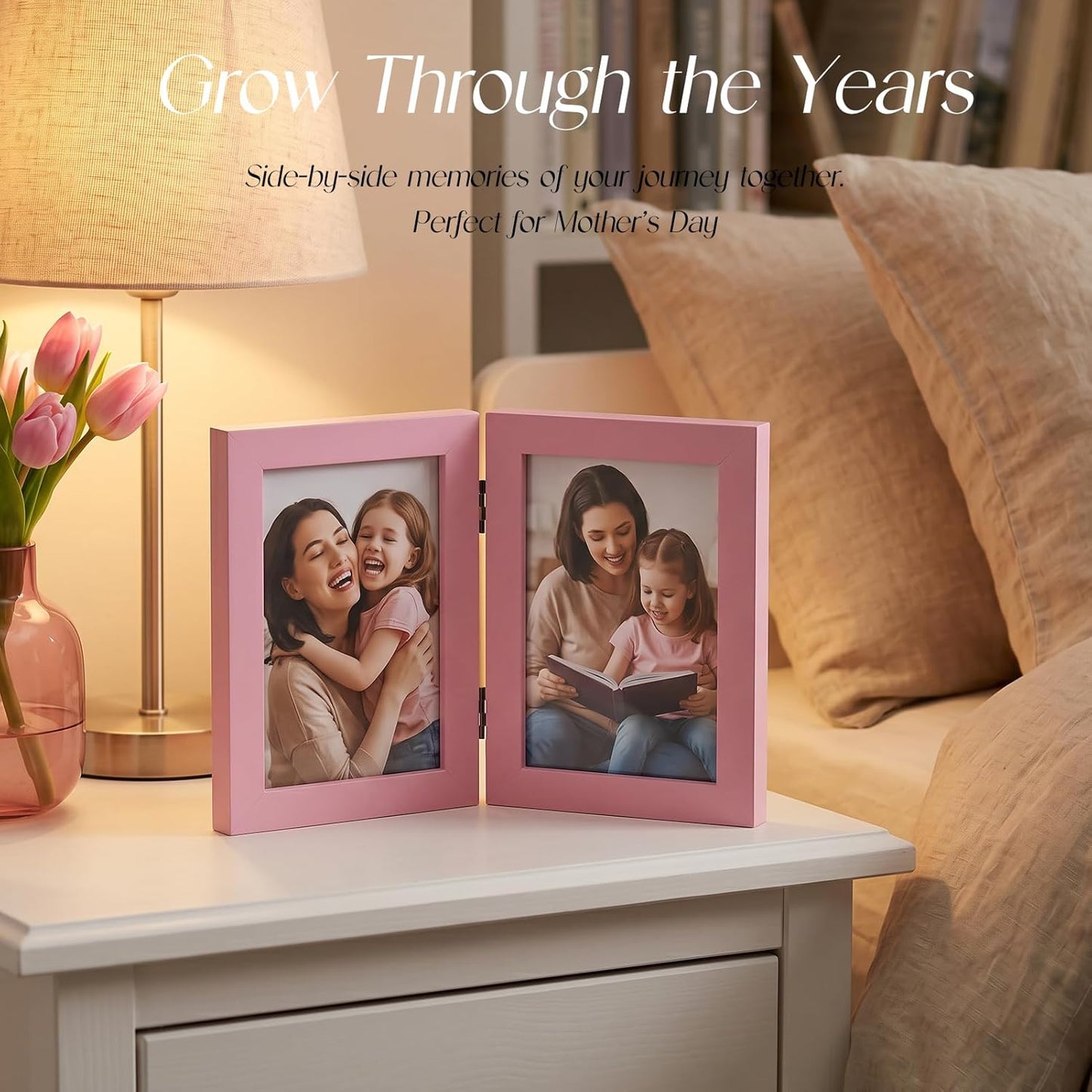 Giftgarden 4x6 Double Picture Frame, 4 by 6 Hinged Folding Photo Frame for Tabletop Display, Pink