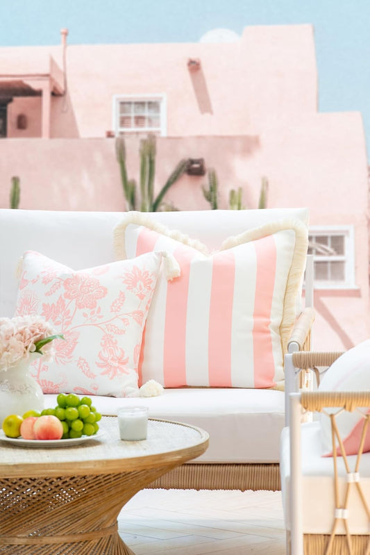 Hofdeco Premium Coastal Patio Indoor Outdoor Pillow Cover Only, 20"x20" Water Repellent for Backyard, Couch, Blush Pink Stripe Fringe