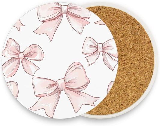 YETTASBIN Bow Pink Round Coasters for Drinks 1 Pack, Absorbent Heat-Resistant Ceramic Stone Coaster Desktop Protector with Cork Base for Kitchen Bar Home Decor, 3.9 Inch