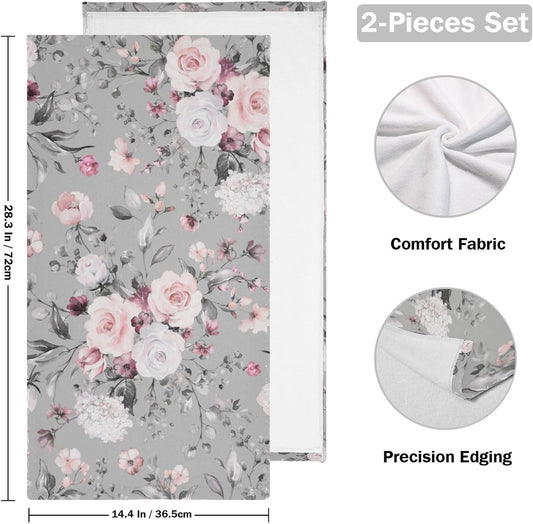 2 Pcs Grey Pink Roses Floral Hand Towels for Bathroom 14"x28",Soft Quick Dry Bouquet Blooming Flower Farmhouse Gray Guest Bath Towels,Decorative Towels for Bathroom Kitchen Dish Face Gym