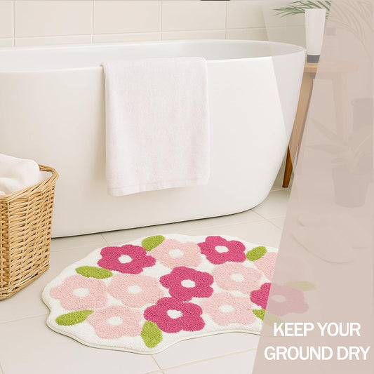 Pink Flowers Bathroom Rug, Soft Tufted Plush Washable Non-Slip Pretty Floral Bath Mat, Bedroom Kitchen Floor Door Mat for Home