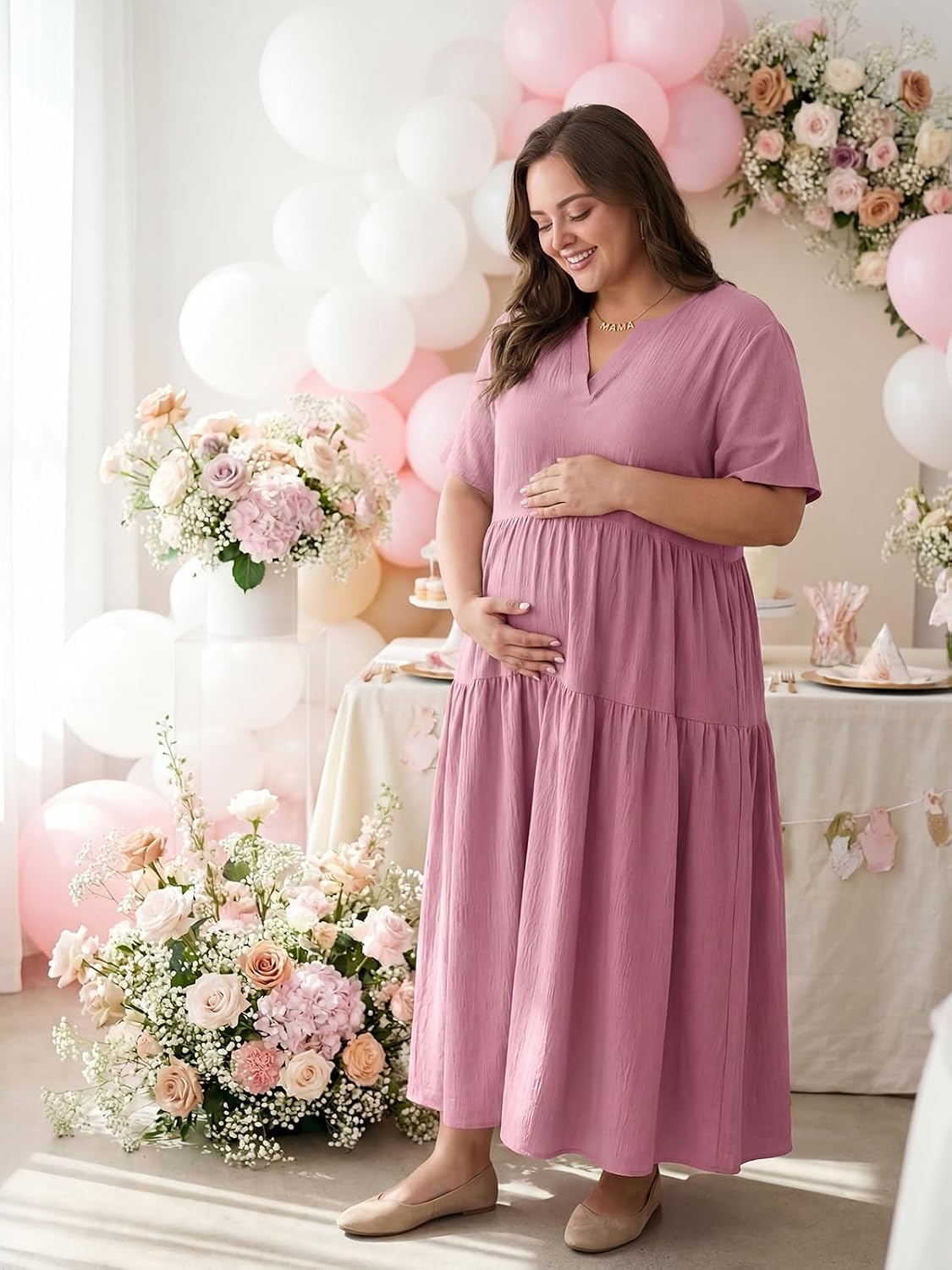 OLRIK Plus Size Maxi Dresses for Curvy Women - Flowy Boho Summer Dress with Pockets, V-Neck Short Sleeve for Beach Vacation