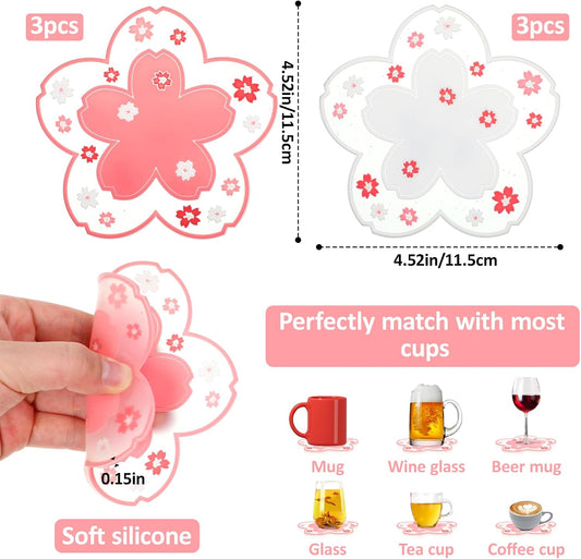 JJUNW 6 PCS Sakura Coffee Cup Mat Kawaii Coaster, White & Pink Silicon Cup Coasters Durable Non-Slip Home Tea Mug for Hot Drinks Table Protection Desk Drink Table Decor