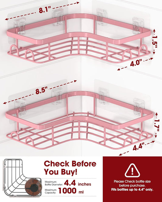 Sakugi Corner Shower Caddy - 2 Pack, Adhesive Shower Organizers, Rustproof Stainless Steel Shower Shelves with 8 Hooks, No Drilling Bathroom Organizers and Storage Racks, Space-Saving, Pink, Medium