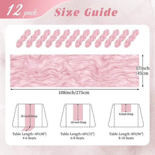 12 Pack Light Pink Cheesecloth Table Runner 17x108 Inch Semi Sheer Boho Gauze Cheese Cloth Fabric Table Runners, for Wedding Party Baby Shower Birthday Home Decor Garden Farmhouse