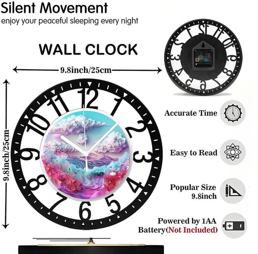 Metal Wall Clock for Living Room -10" Cloud Mountains Ocean Pink Coral Silent Non Ticking,Battery Operated, Antique Wood Clocks for Farmhouse,Dining Room,Bedroom,Kitchen Clock Wall Decor- Arabic Numer