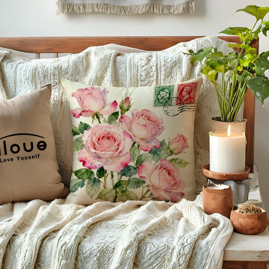 2Pack Retro Flower Throw Pillow Covers Pink Rose Bouquet Farmhouse Decorative Pillow Covers Vintage Cushion Cases Retro Postcard Style Pillowcase 18×18 inches for Spring Summer Decor(Pink)
