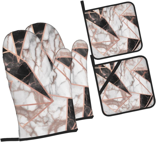 Oven Mitts and Hot Pads Set of 4, Rose Gold Marble Heat Resistant Oven Gloves Mitts and Hot Pads for Baking Cooking and Kitchen Decor