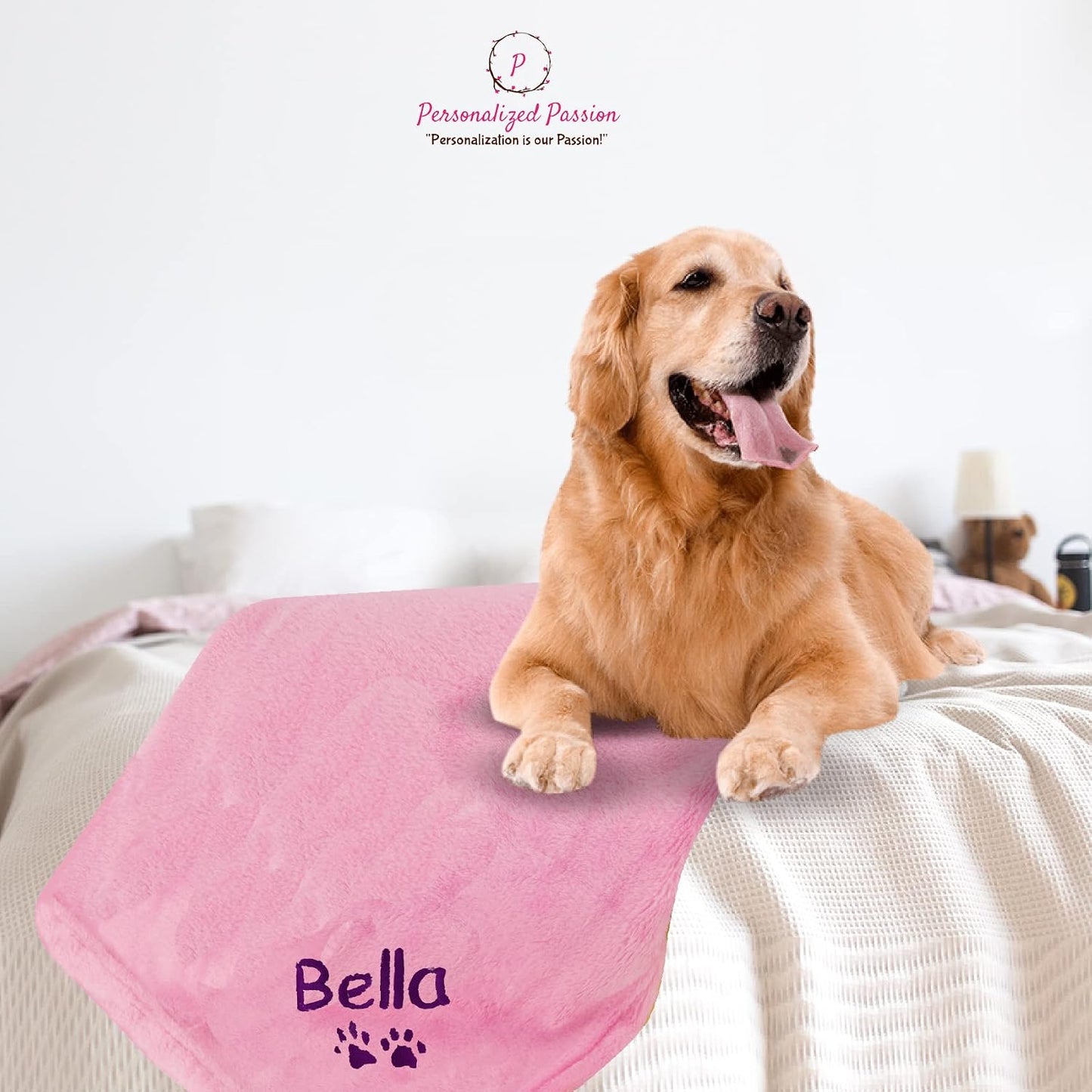 Personalized Passion Dog Blanket with Embroidered Name and Paws - Soft, Comfortable and Cozy for Couch, Bed, Car - Water Resistant Pet Fleece Blanket for Dogs and Cats - Pink - 28x40 Inches