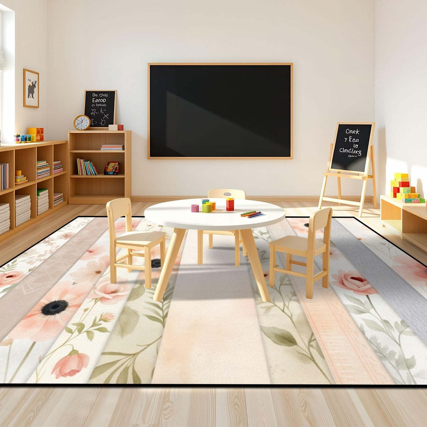 8x10 Area Rugs for Bedroom Boho Washable Rug for Living Room Soft Pastel Floral Pink Peach Flowers Light Extra Large Soft Rubber Backed Non-Slip Carpets for Office Dining Room