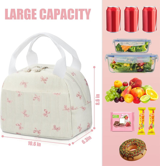 BuyCard Insulated Lunch Bag for Women, Reusable Corduroy Cute Lunch Box, Leakproof Floral Lunch Tote Bag with Large Capacity, Small Cooler Lunch Container for Work Office Travel Picnic (Beige Bow)