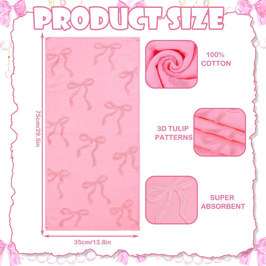 Whaline 3Pcs Pink Bow Hand Towel 3D Jacquard Cotton Towel Absorbent Coquette Dish Towels for Valentine's Day Home Kitchen Bathroom, 13.8 x 29.5 Inch