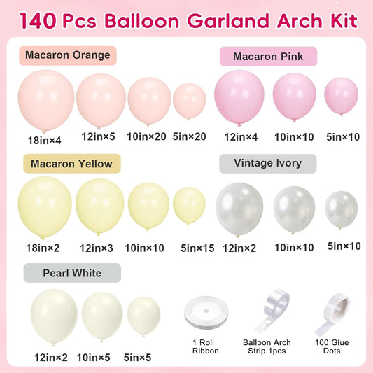 SNLN Pink Pastel Balloon Arch Kit, 140Pcs Pink Yellow Ivory Balloons for Baby Shower Gender Reveal Birthday Wedding Bridal Shower Party Decorations