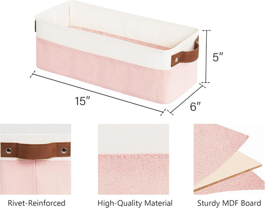 StorageWorks Narrow Storage Bins, Small Basket for Closet and Shelves, Fabric Organizer with Handles, Toilet Paper Storage, Pink and White, 2-Pack