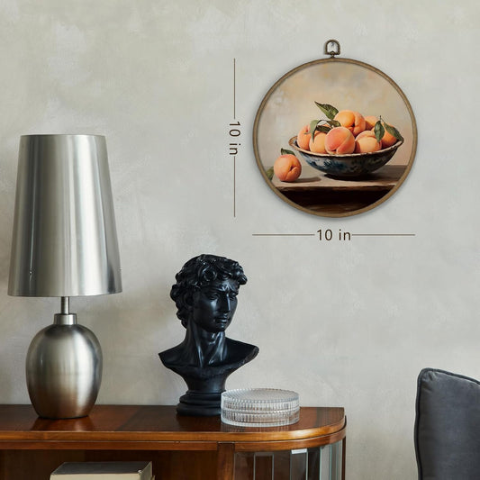 Gnmduw Antique Peach Wall Art Framed, Farmhouse Peaches Fruit Round Hanging Wall Decor, Vintage Peach Canvas Prints Art for Kitchen Bedroom Dining Room, 10x10 In
