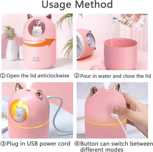 Small Humidifier Cute Portable Cool Mist with 12 Pcs Humidifier Sticks 7 Color Night Light USB Air for Bedroom Office Desk Car Travel (Pink+12 Filter Cotton Sticks)