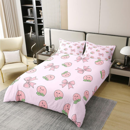 Erosebridal Bowknot 100% Cotton Duvet Cover Twin Size Peach Bedding Set for Kids Boys Girls Cute Cartoon Peaches Kawaii Pink Bow Comforter Cover Fruit Princess Ribbon Bowtie Bedclothes