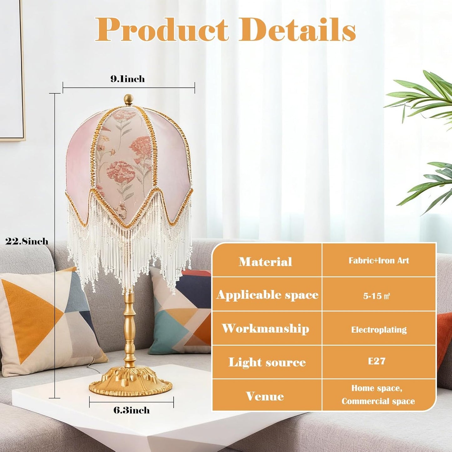 American Retro Pink Table Lamp, Handmade Custom Beaded Tassel Desk Lamp, Victorian Style, for Bedside Bedroom Living Room Study Room Home Office Reading Room Desk Lamp