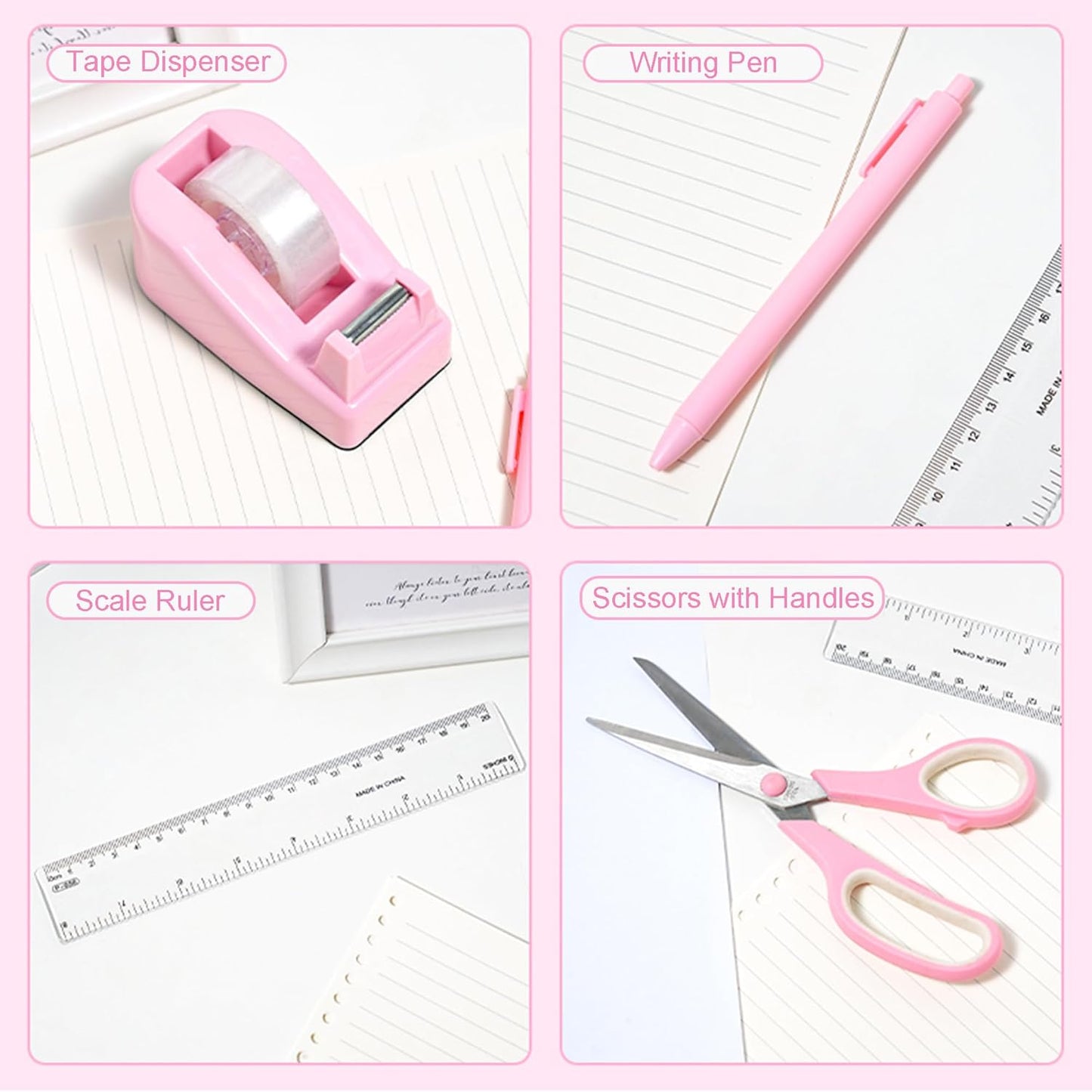 COMFYROOM Pink Desk Accessories with Pen Holder, Pink Office Supplies Desk Organizers and Accessories for women, Tape Dispenser, Stapler, Staple Remover, Staples, Clips Set, Ruler, Scissor, Pen, Tape