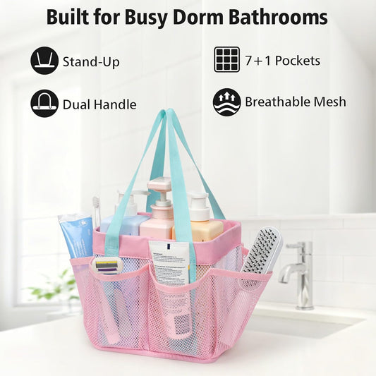 F-color Mesh Shower Caddy Portable Stand Up - 8 Pockets Organizer Shower Bag Basket for College Dorm Room Essentials, Toiletry Bathroom Tote with S Hook for Camping Gym Travel, Pink with Mint Green