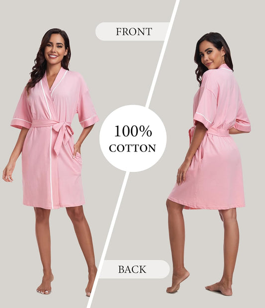 ANLIQI Womens 100% Cotton Robes Lightweight Summer Short Sleeve Lady Bathrobe Knee Length Kimono Robe Sleepwear with Pockets