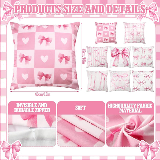 SmoothNovelty 8 Pcs 18x18 Inch Pink Bow Pillow Covers Coquette Pillows Pink Coquette Room Decor Bow Pillowcase Set Watercolor Aesthetic Preppy Room Decoration Bedroom Sofa Decor