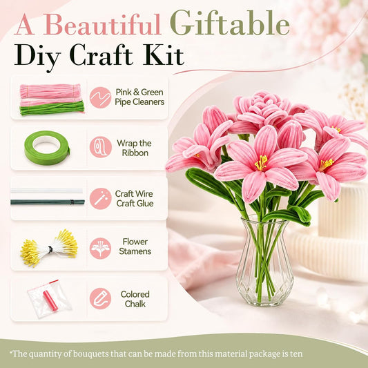 Pipe Cleaners Flowers Kit,Pink Tulip DIY Craft Supplies – Include 200Pcs Pipe Cleaners, Floral Tape, Stems, Stamens, Glue Sticks,Tutorials for Making Bouquet Gift for Mother's & Teacher's Day (Type 3)