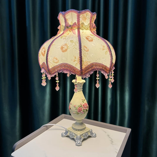 Floral Victorian European Pastoral Romantic Vintage Table Lamp - Fabric with Cloth Lace & Beaded, Cute Flower Desk Lamp, Nightstand Light for Bedroom()