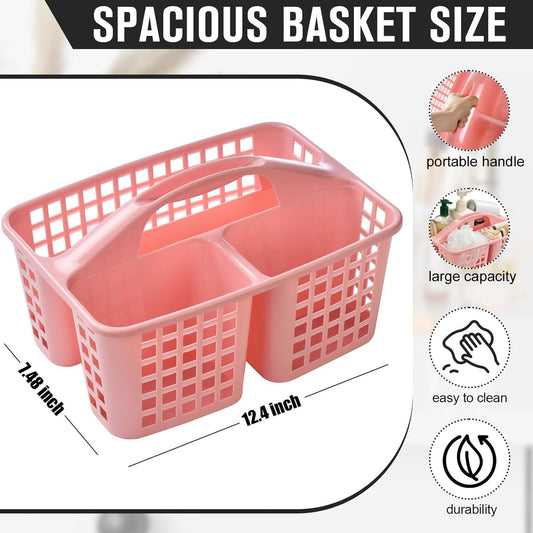 Haundry Plastic Shower Caddy Basket with 3 Compartments, Portable Divided Cleaning Supply Storage Organizer with Handle (Pink)