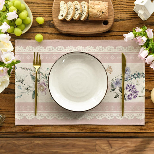 Artoid Mode Pink Printed Lace Floral Spring Placemats Set of 4, 12x18 Inch Seasonal Summer Holiday Table Mats for Party Kitchen Dining Decoration
