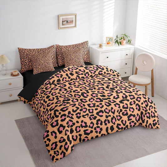 Erosebridal Girly Leopard Print Twin Size Bedding Set Animal Print 7 Pieces Comforter Set with Sheets Girl Women Golden Yellow Wildlife Cheetah Bed in a Bag Fashion Peach Pink Bed Sets