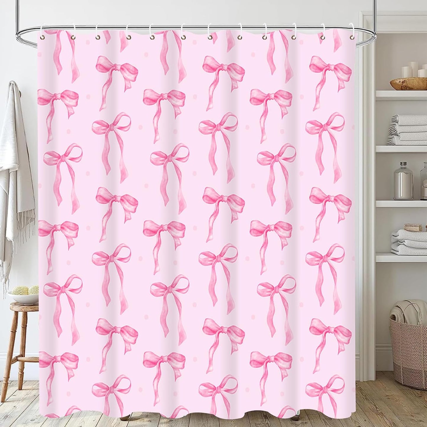 Pink Shower Curtain with Bows Shower Curtain Set, Waterproof Cloth Pink Bow Bathtub Shower Curtains with Hooks, Cute Bow Bathroom Decor Coquette Bath Curtains Girly Shower Decoration for Women 72x72"