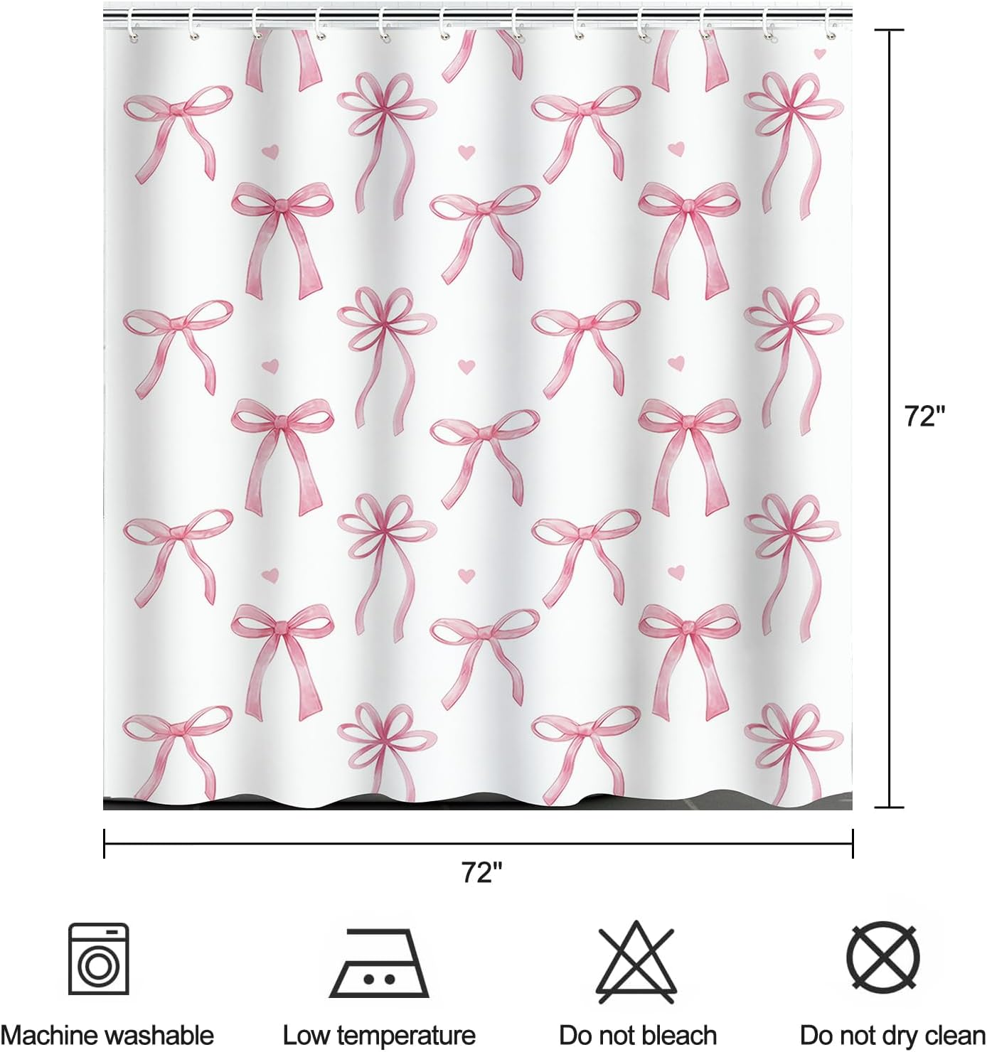 Pink Bow Shower Curtain Coquette Cute Ribbon Bowknot Heart Preppy Kids Girls Dorm Bathroom Decor Waterproof Fabric Bath Curtain 72 x 72 Inch with 12 Hooks