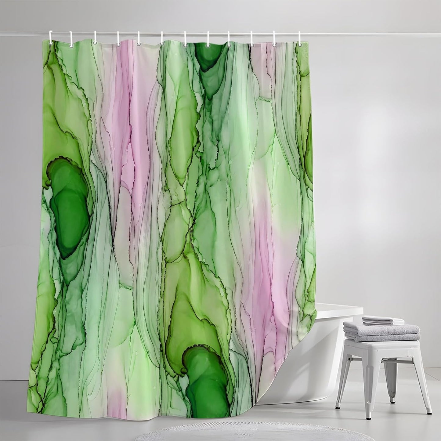 Green Pink Ink Marble Shower Curtain with 12 Hooks, Nautical Water Ripples Abstract Waterproof Fabric Shower Curtains Sets for Bathroom Bathtub Decorations, Machine Washable, 48"x72"