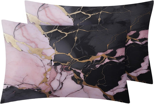 Pink Black Gold Sheets Full Size for Bedroom Decor, Marble Bed Sheets, Soft Breathable Winkle Free Microfiber & Deep Pocket Patterned Bedding Sheets & Pillowcases 4 Piece