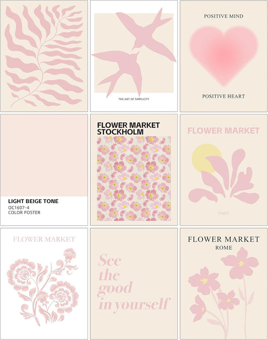 ZYLORI 9 Pcs Pink Preppy Room Decor - 8x10 Unframed Aesthetic Abstract Flower Posters, Pastel Gallery Wall Art, Chic Boho Prints for Teen Girls Bedroom, College Dorm Essentials