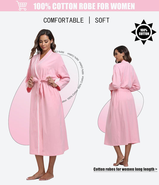 ANLIQI 100% Cotton Robe for Women Long Sleeve Knit Kimono Soft Lightweight Bathrobe Ladies Loungewear with Pockets S-2XL