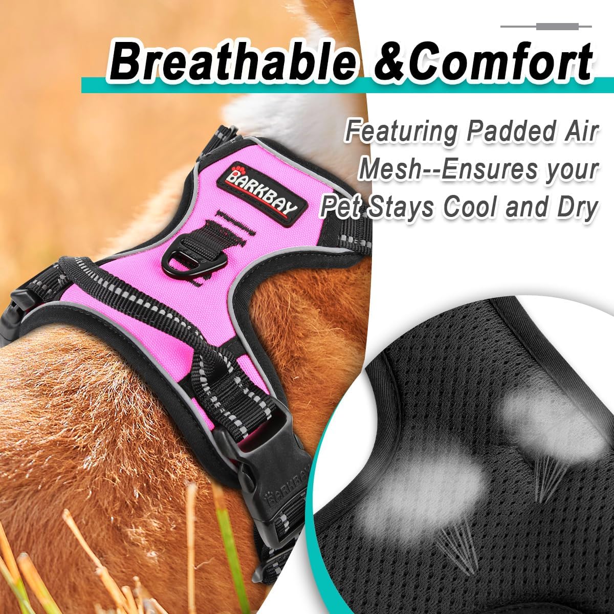 BARKBAY No Pull Pet Harness Dog Harness Adjustable Outdoor Pet Vest 3M Reflective Oxford Material Vest for PINK Dogs Easy Control for Small Medium Large Dogs (L)