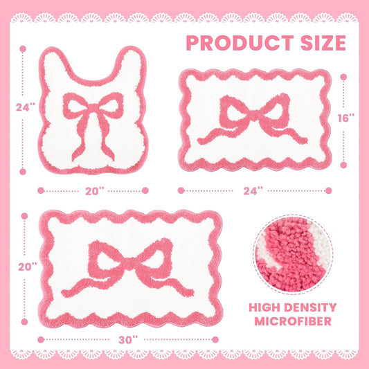 Pink Bow Bathroom Rug Mat Set 3 Piece, Microfiber Shaggy Bath Set, Non-Slip Ultra Soft Carpet Mats, Absorbent with U-Shaped Toilet for Bathroom, Tub, Shower (Pink)