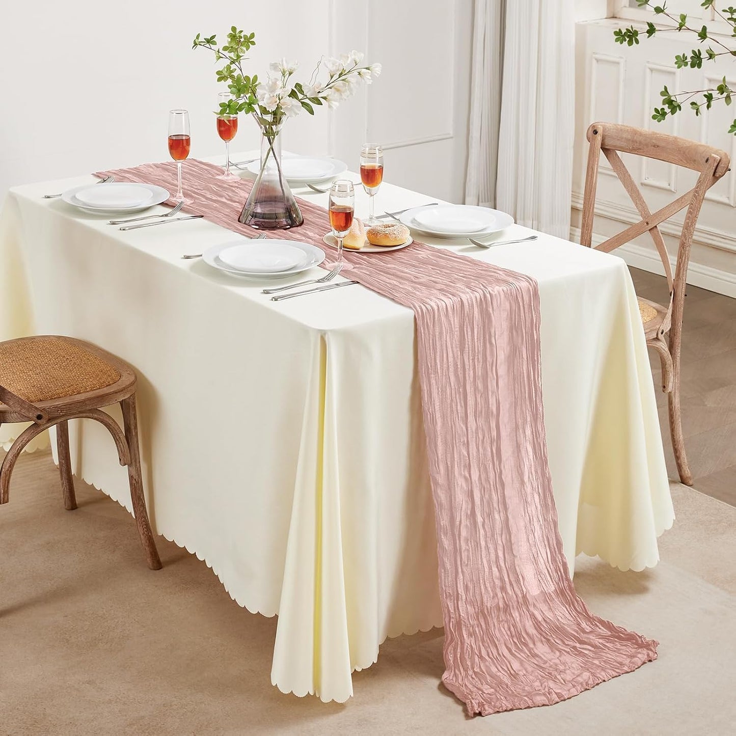 AGIRL Dusty Pink Cheesecloth Table Runner 10FT Long Graduation Boho Gauze Table Runner Rustic Sheer Runner for Wedding Bridal Baby Shower Birthday Holiday Party Table Decor Easter Decorations