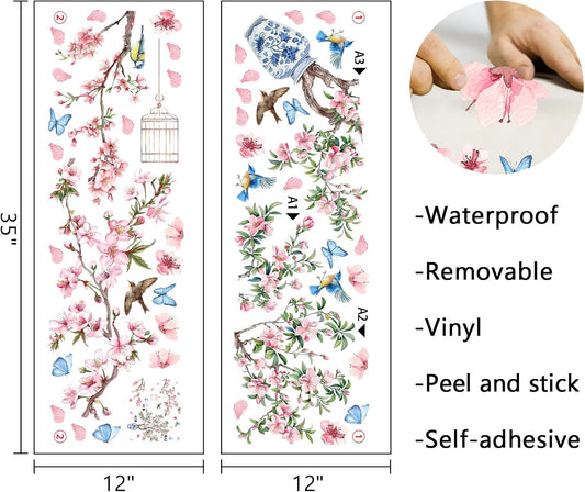 Mfault Watercolor Floral Bird Chinoiserie Wall Decals Stickers, Pink Peach Blossom Flower Branches Butterfly Porcelain Decorations Bedroom Art, Spring Summer Birdcage Home Living Room Kitchen Decor