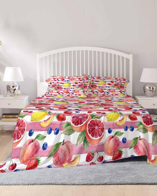 4 Piece Bed Sheet Set, Summer Peach Lemon Grapefruit Bed Sheets Includes Flat Sheet, Queen Fitted Sheet with Deep Pockets, Blueberry Strawberry Pink Stripe Hotel Bedding Sheets and Pillowcases