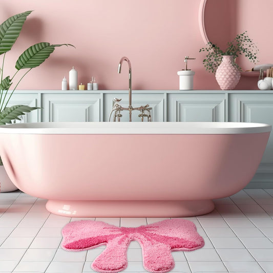 Tinideya 2 Pcs Bathroom Pink Bow Rugs Coquette Preppy Cute Bow Shaped Bath Mats Home Decor Non Slip Soft Plush Absorbent Washable Carpet for Tub Shower Doormat, 19.7" x 18.5"
