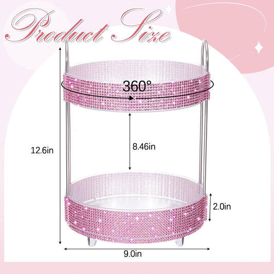 Honeydak 360 Rotating Perfume Organizer for Mother Day Nurse Day Rhinestone Bathroom Counter Organizer Makeup Holder Skincare and Perfume Storage for Cosmetic Countertop(2 Tiers,Resin Stone,Pink)