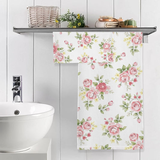senya Flower Bath Towel Set, Pink Rose Flower Floral Cotton Bath Towels Soft Highly Absorbent Fast Drying for Bathroom Gym Hotel Beach, 1 Bath Towel 1 Washcloth