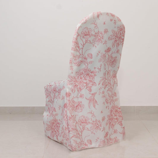 Efavormart 10 Pack Polyester Banquet Chair Covers – White Pink French Toile Pattern, Reusable Stain-Resistant Slip-On Slipcovers
