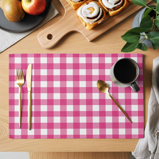 Peach Pink Checked Placemats Set of 4, Farmhouse Buffalo Plaid Country Grid Placemats for Dining Table, Place Mats for Kitchen Tabletop, Waterproof Wipeable Dining Table Mats Set