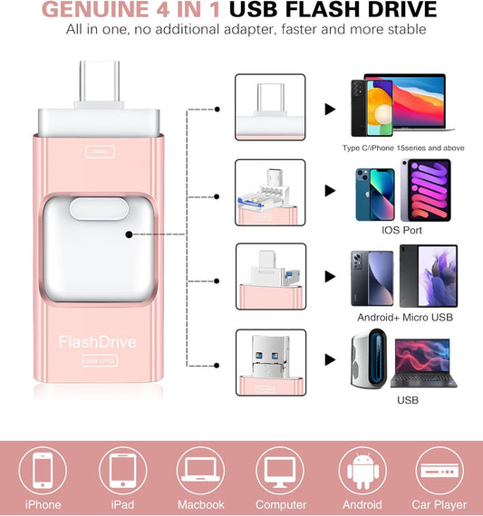 Flash Drive for iPhone 256GB, 4 in 1 USB Type C Memory Stick, Photo Stick External Storage Thumb Drive for iPhone iPad Android Computer, Rose Pink