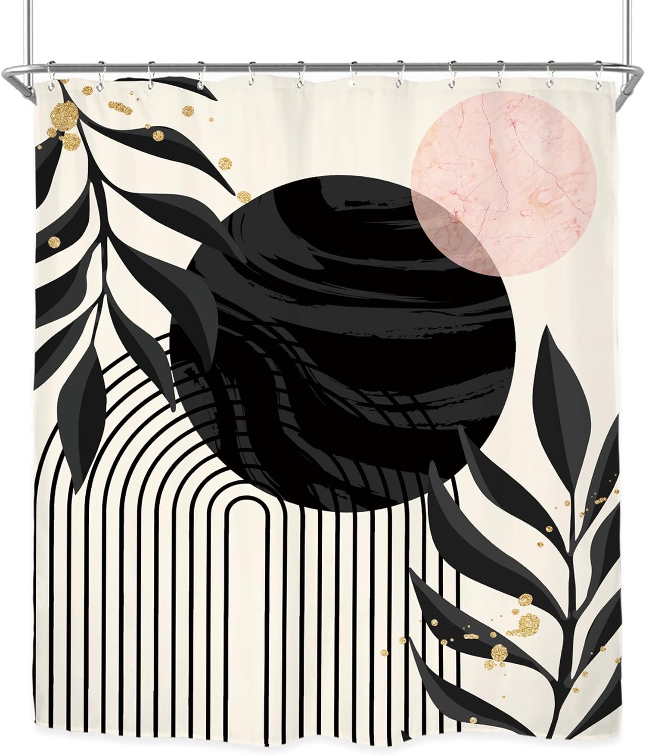 Miyotaa Abstract Modern Shower Curtain Set 60Wx71H Inches Minimalist Aesthetic Black Pink Contemporary Plant Leaves Neutral Polyester Waterproof Cloth Bathroom Curtain with 12 Hooks